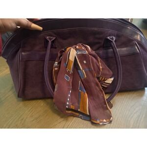 Purple Faux Suede Satchel Handbag with Decorative Scarf and Rolled Handles